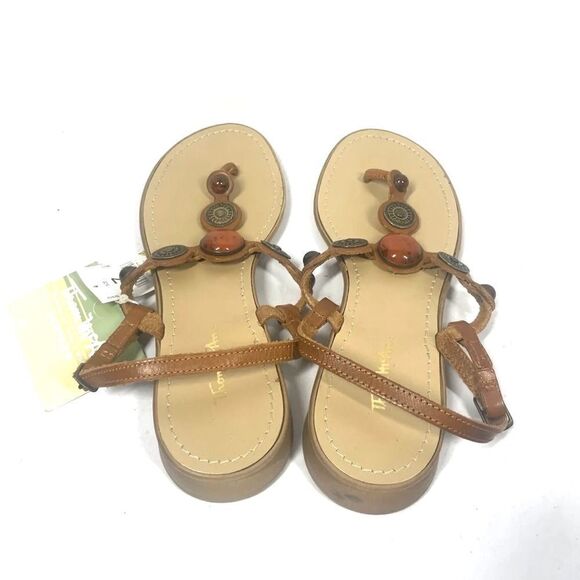 Thom McAn Beaded Brown Leather Sandal Stone Metal Ankle Strap Women Size 7 NWT - Picture 3 of 5